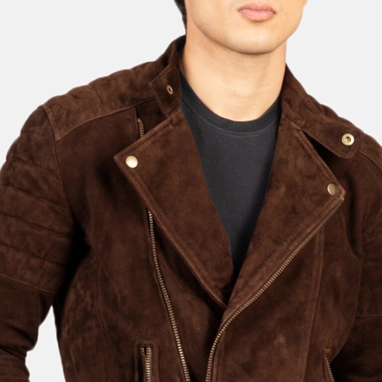 Mens Faisor Mocha Suede Biker Jacket Close-Up-9-1720091769341